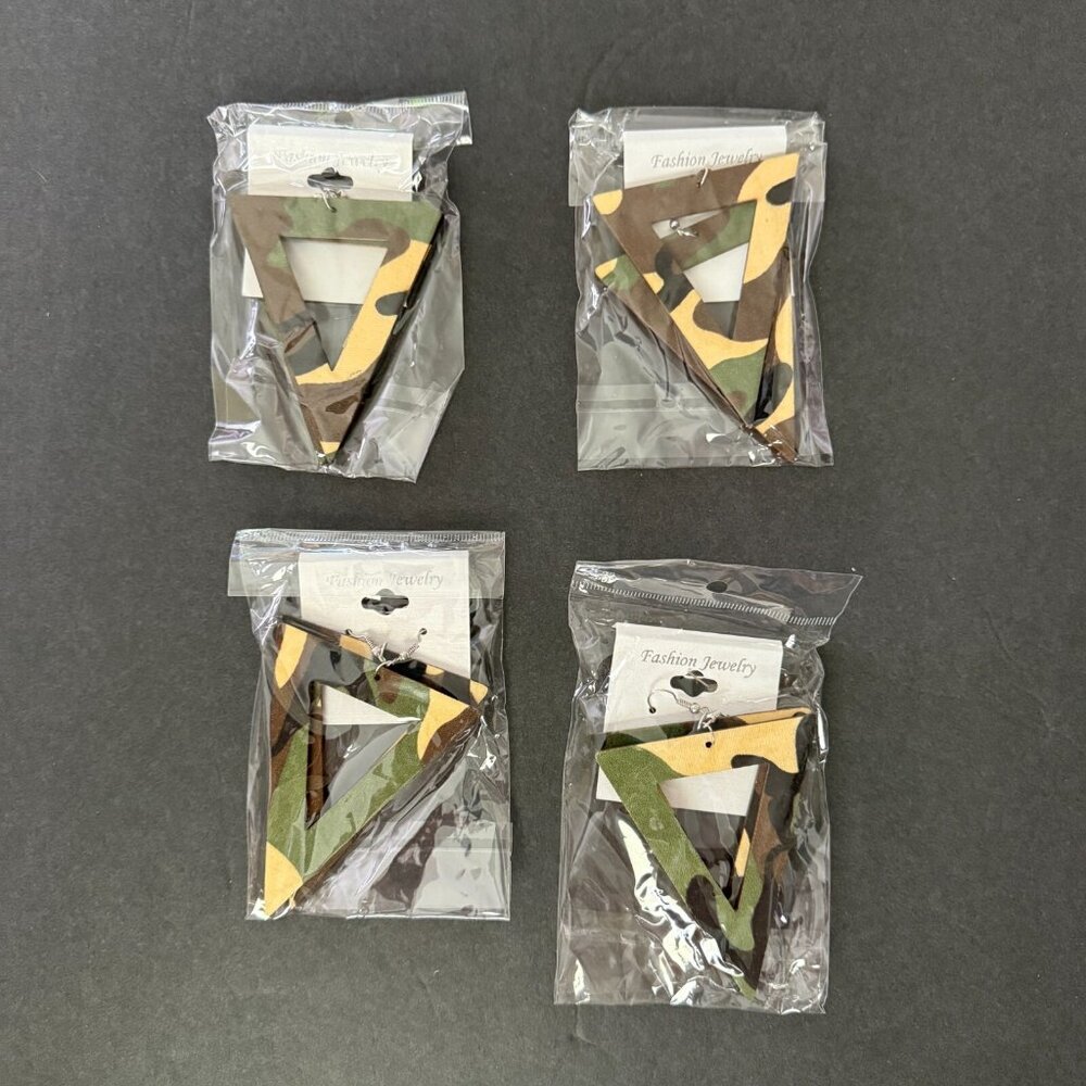 NOC Geometric Green Camouflage Triangle Wooden Fabric Drop Earrings Lightweight - Picture 5 of 5